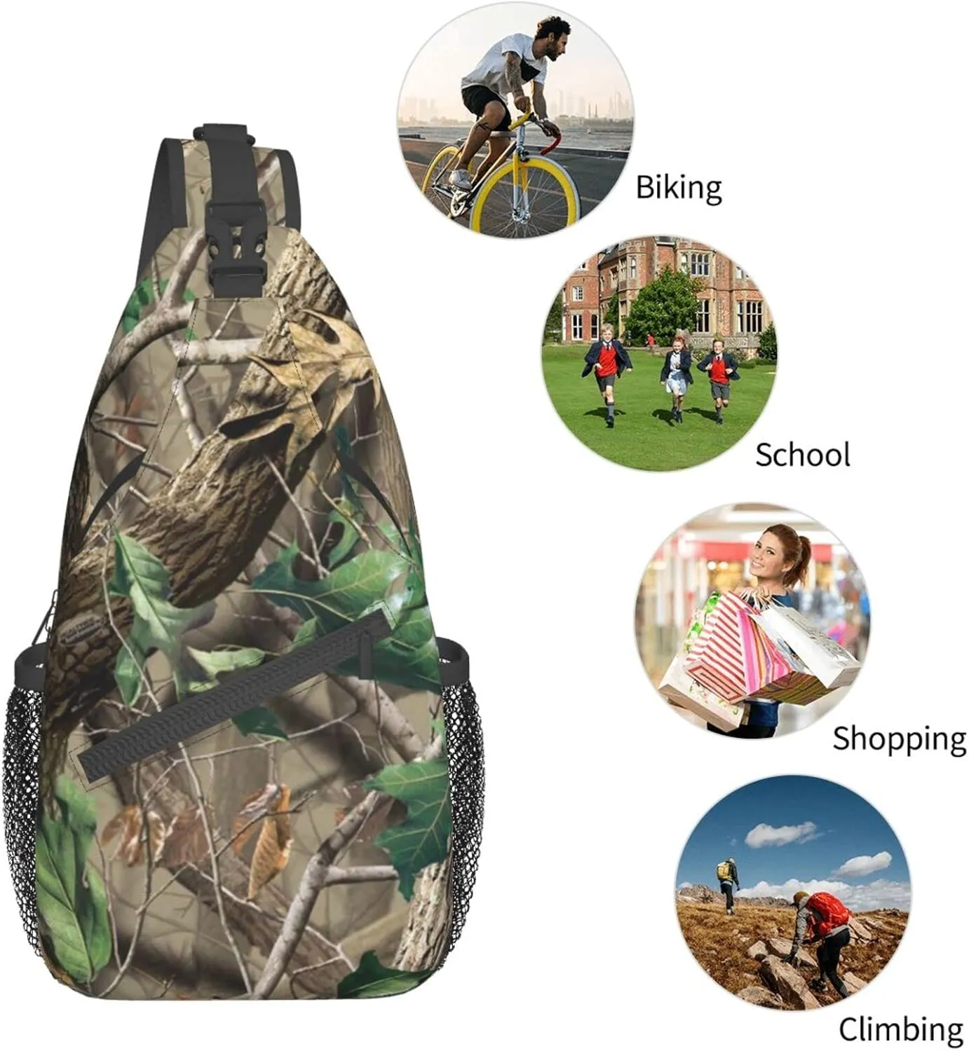WURTON Hardwoods Green Camo Print Trendy Casual Daypack Versatile Crossbody Backpack Shoulder Bag Fashionable Chest Bag