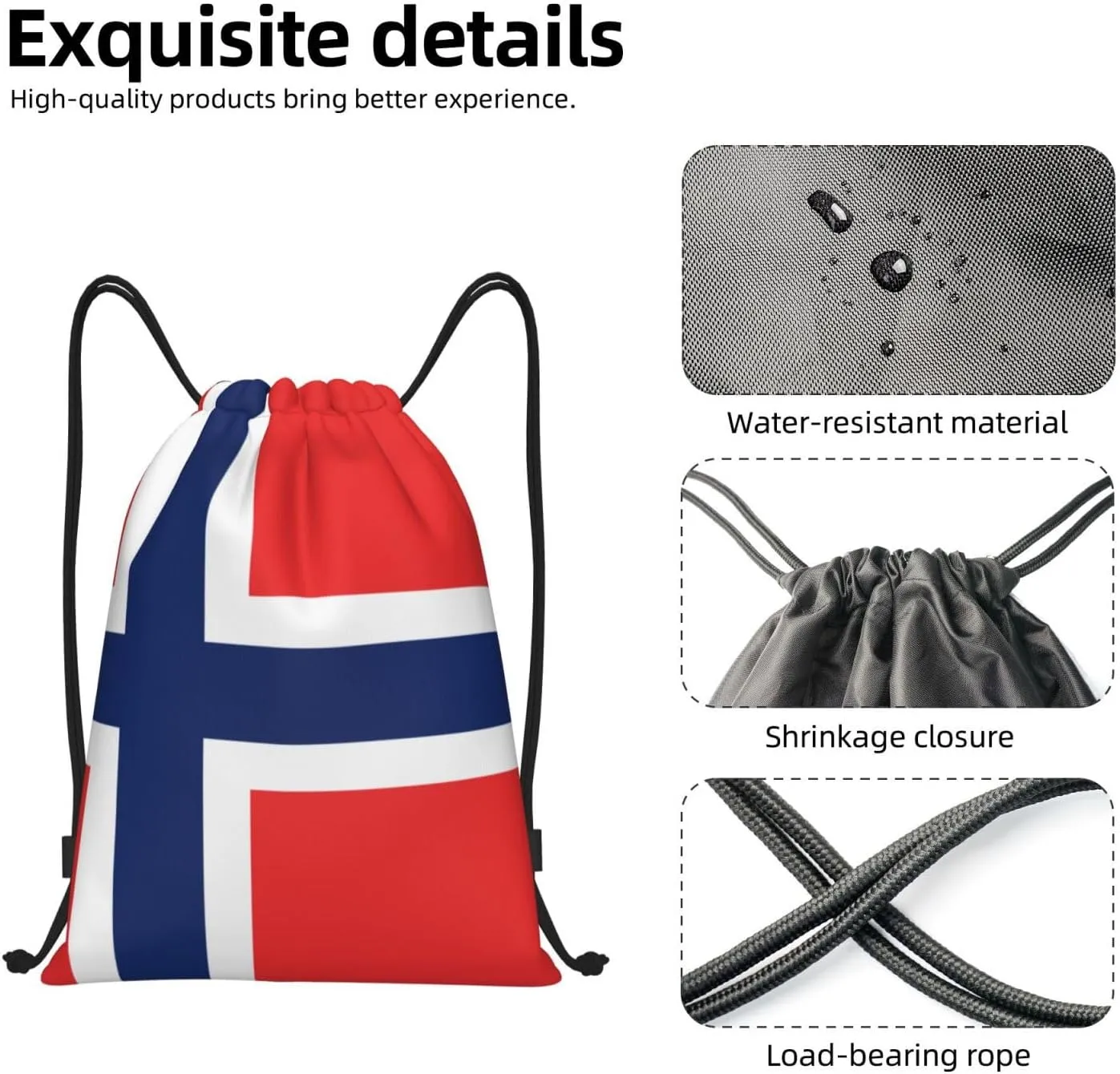 WURTON Norwegian Flag Print Drawstring Sport Bags Pull String Bag For All Occasions Gym Sack,Sports,Travelling