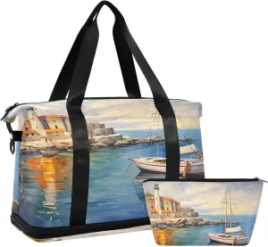 xigua Gym Bag Romantic Entitled Seaport Travel Duffel Bag - Sports Gym Bag with Dry Wet Pocket Cosmetic bag & Shoes Compartment for Women and Men