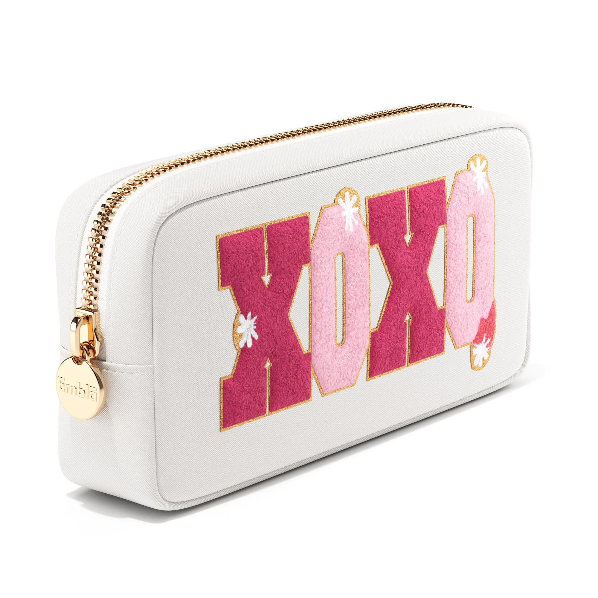 XOXO Valentine Makeup Bag Travel Cosmetics Pouch and Toiletry Bag, Nylon Zipper Pouch Purse, Cute Make Up Organizer Storage Tote for Women Girls, Waterproof Travel Skincare Case, Small Makeup Bags, White