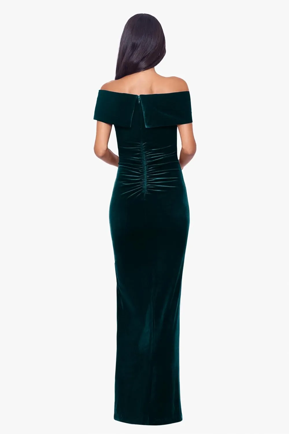 Xscape Women's Long Velvet Off-The-Shoulder Gown with Leg Slit and Center Back Zipper