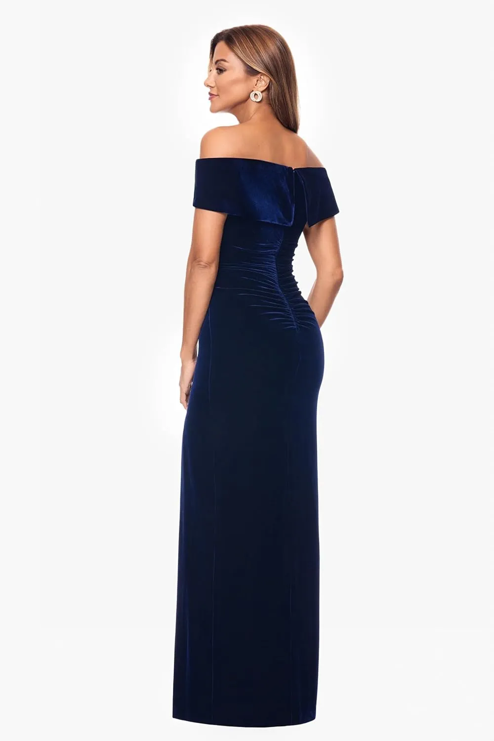 Xscape Women's Long Velvet Off-The-Shoulder Gown with Leg Slit and Center Back Zipper