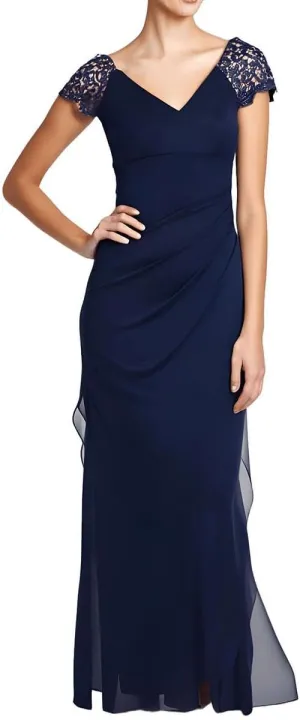 Xscape Womens Petites Lace Shoulder V Neck Maxi Dress