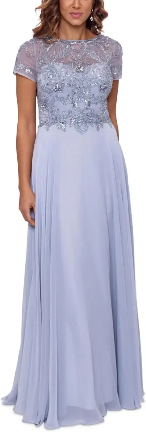 Xscape Womens Plus Beaded Short Sleeves Evening Dress Gray 14