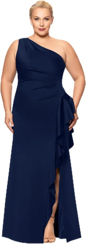 Xscape Women's Plus One Shoulder Ruffle Bodice Floor Length Side Slit Evening Dress