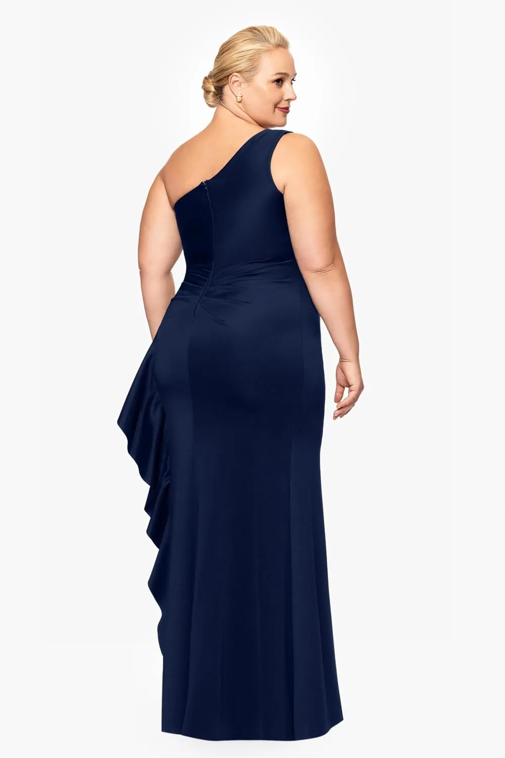 Xscape Women's Plus One Shoulder Ruffle Bodice Floor Length Side Slit Evening Dress