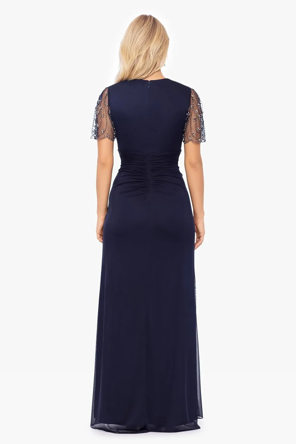 Xscape Women's Sheer Matte Jersey Maxi Dress with Beaded Sleeves and Side Ruching