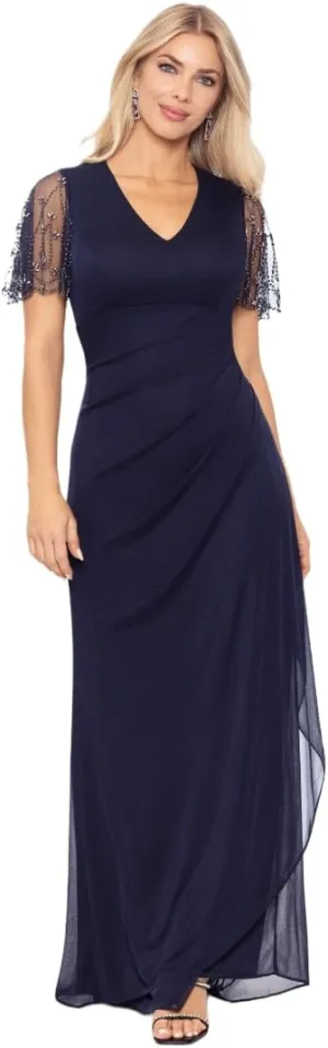 Xscape Women's Sheer Matte Jersey Maxi Dress with Beaded Sleeves and Side Ruching