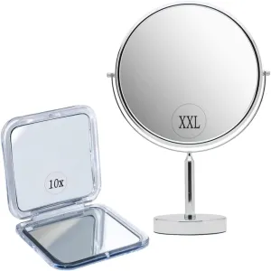 XXLarge 3X/1X Magnifying Makeup Mirror with Stand for Desk, Table, Retail Store Countertop, and Makeup Vanity & 10X/1X Magnifying Compact Mirror for Travel - Double-Sided, Portable & Handheld Bundle