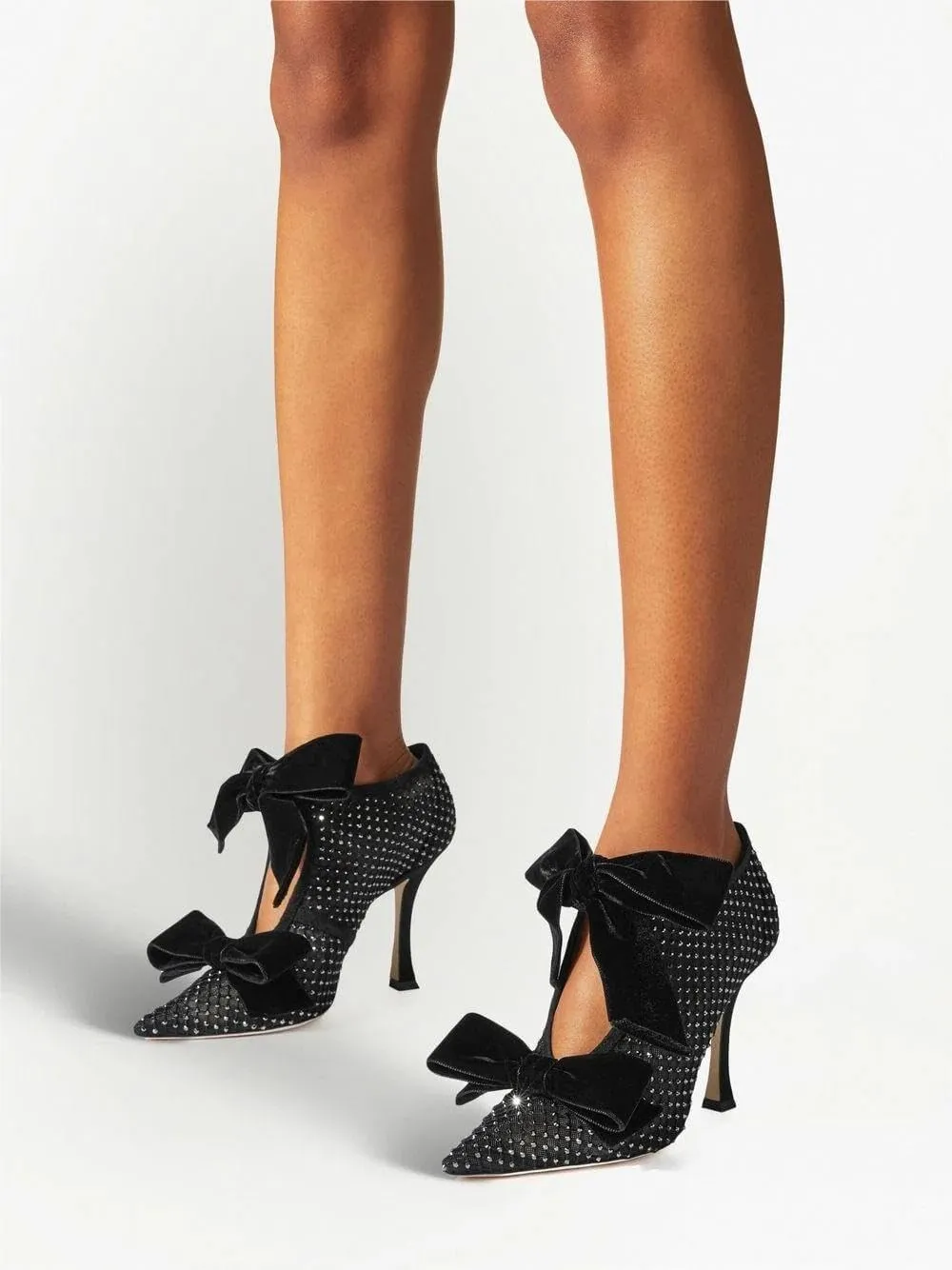 XYD Women Ankle Boots Mesh Cutout Crystals Pointed Toe High Heel Pumps Oversized Double Velvet Bows Evening Festive Party Shoes