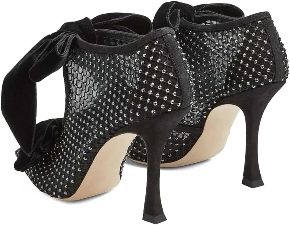 XYD Women Ankle Boots Mesh Cutout Crystals Pointed Toe High Heel Pumps Oversized Double Velvet Bows Evening Festive Party Shoes