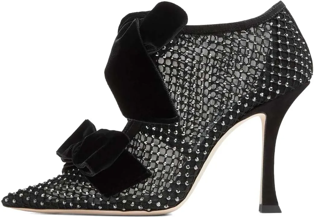 XYD Women Ankle Boots Mesh Cutout Crystals Pointed Toe High Heel Pumps Oversized Double Velvet Bows Evening Festive Party Shoes