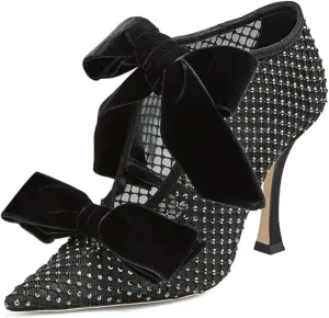 XYD Women Ankle Boots Mesh Cutout Crystals Pointed Toe High Heel Pumps Oversized Double Velvet Bows Evening Festive Party Shoes