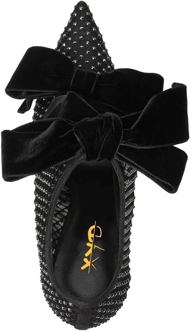 XYD Women Ankle Boots Mesh Cutout Crystals Pointed Toe High Heel Pumps Oversized Double Velvet Bows Evening Festive Party Shoes