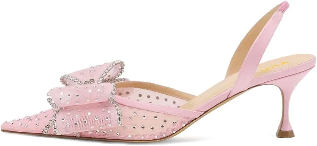 XYD Women Mesh Crystal Studs Pumps Two Layered Bows Thin Low Heel Pointed Toe Slingback Shoes for Wedding Evening