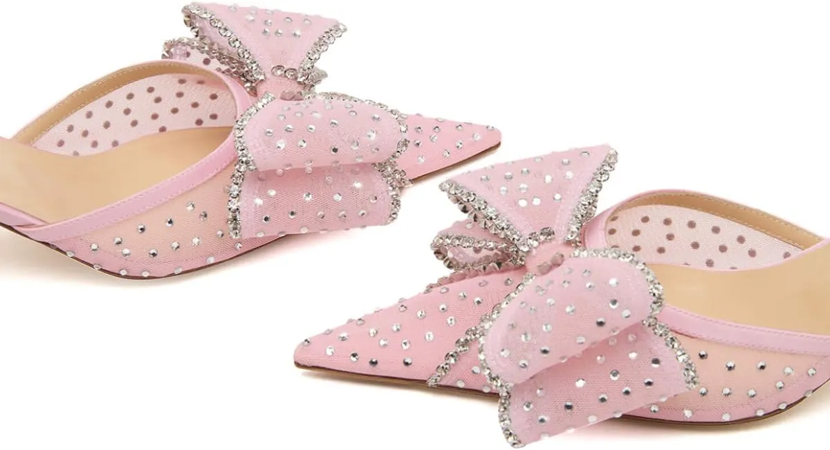 XYD Women Mesh Crystal Studs Pumps Two Layered Bows Thin Low Heel Pointed Toe Slingback Shoes for Wedding Evening