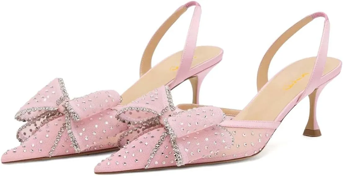 XYD Women Mesh Crystal Studs Pumps Two Layered Bows Thin Low Heel Pointed Toe Slingback Shoes for Wedding Evening