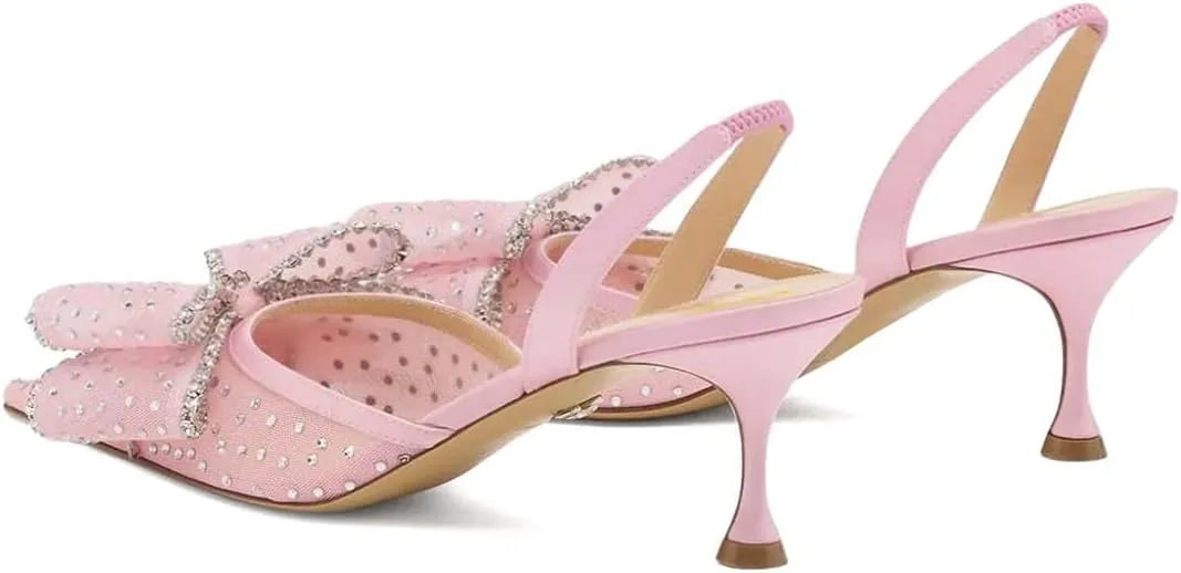 XYD Women Mesh Crystal Studs Pumps Two Layered Bows Thin Low Heel Pointed Toe Slingback Shoes for Wedding Evening