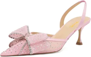XYD Women Mesh Crystal Studs Pumps Two Layered Bows Thin Low Heel Pointed Toe Slingback Shoes for Wedding Evening