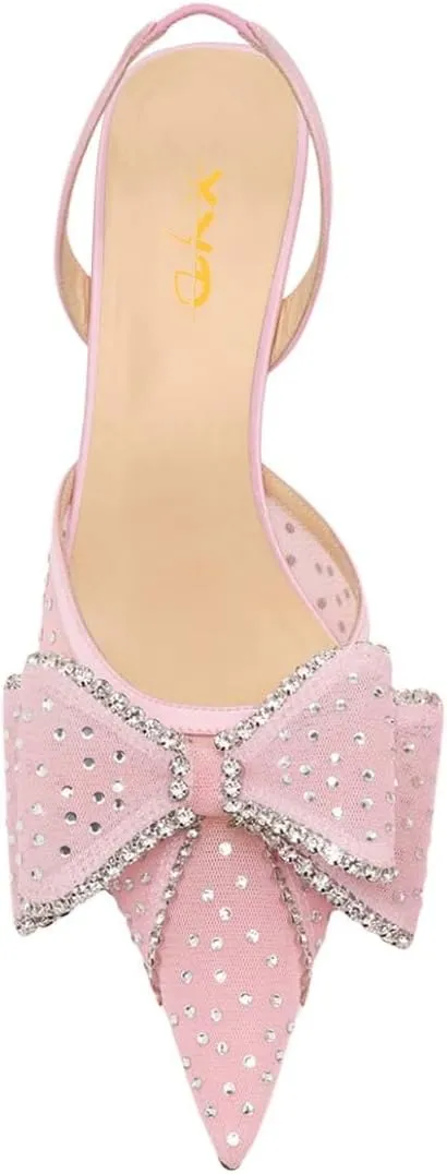 XYD Women Mesh Crystal Studs Pumps Two Layered Bows Thin Low Heel Pointed Toe Slingback Shoes for Wedding Evening