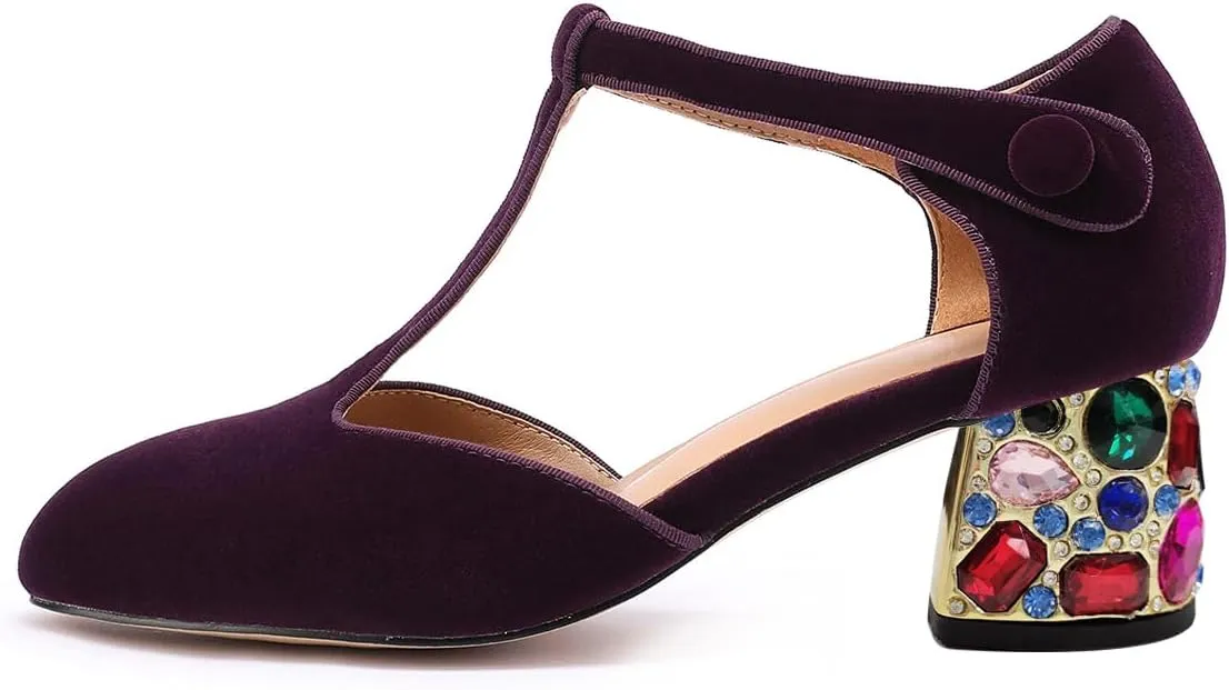XYD Women Vintage Velvet T-Strap Pumps Closed Round Toe Rhinestone Block Heels Ballroom Dance Party Shoes
