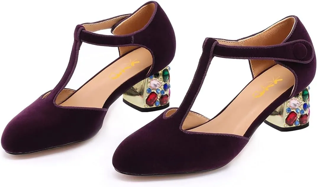 XYD Women Vintage Velvet T-Strap Pumps Closed Round Toe Rhinestone Block Heels Ballroom Dance Party Shoes