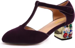 XYD Women Vintage Velvet T-Strap Pumps Closed Round Toe Rhinestone Block Heels Ballroom Dance Party Shoes