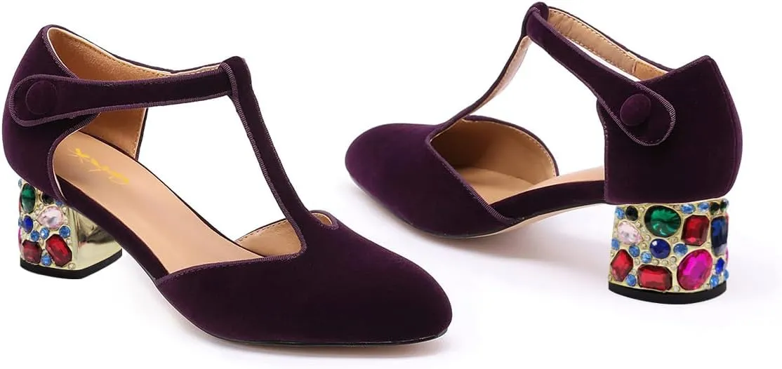 XYD Women Vintage Velvet T-Strap Pumps Closed Round Toe Rhinestone Block Heels Ballroom Dance Party Shoes