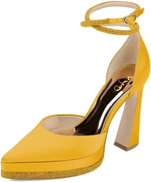 XYD Women's Pointed Toe Platforms Glamorous Crystal Ankle Wrap Strappy Block High Heels D'Orsay Satin Shoes for Evening Party