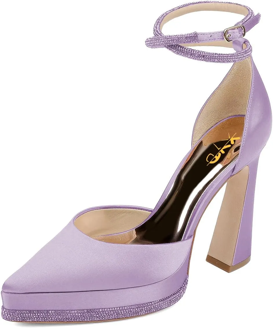 XYD Women's Pointed Toe Platforms Glamorous Crystal Ankle Wrap Strappy Block High Heels D'Orsay Satin Shoes for Evening Party