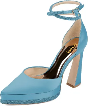 XYD Women's Pointed Toe Platforms Glamorous Crystal Ankle Wrap Strappy Block High Heels D'Orsay Satin Shoes for Evening Party