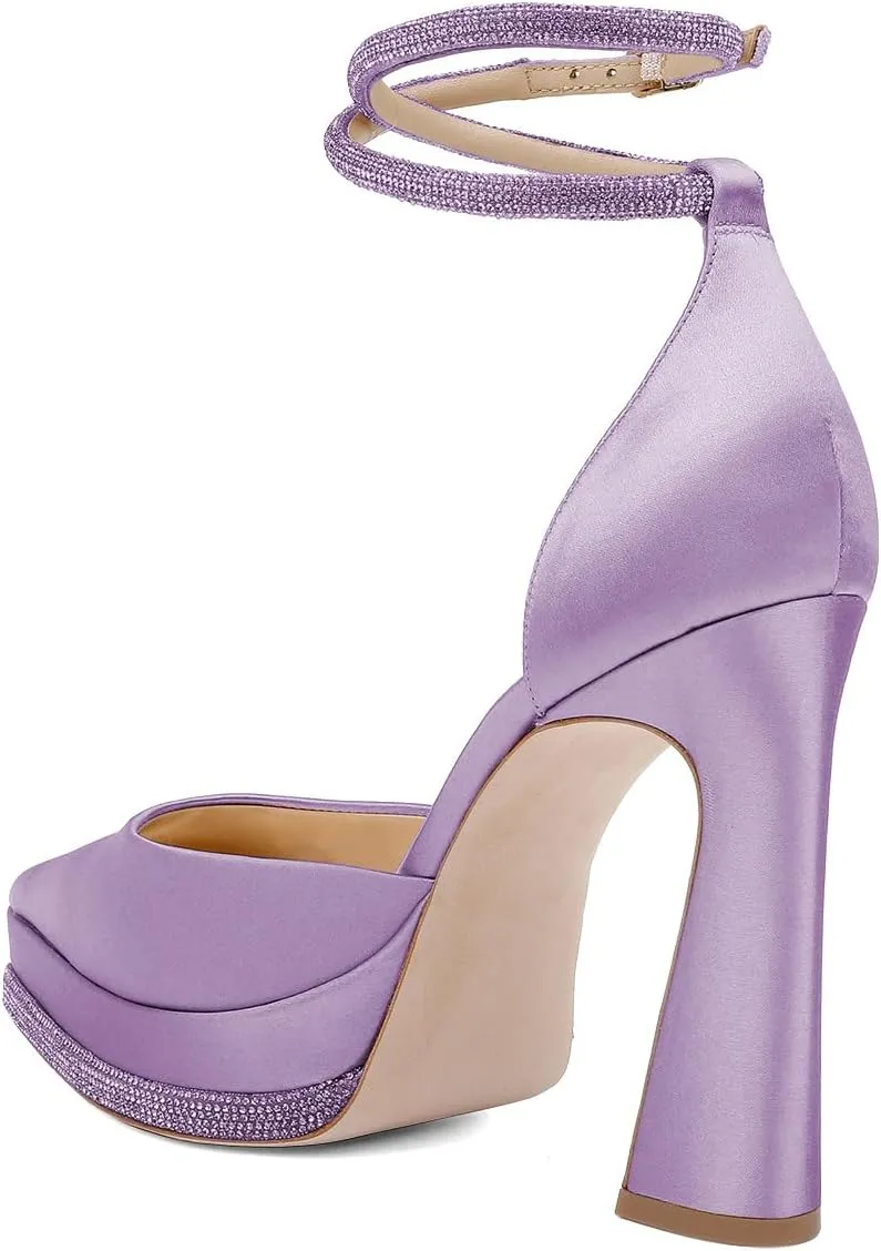 XYD Women's Pointed Toe Platforms Glamorous Crystal Ankle Wrap Strappy Block High Heels D'Orsay Satin Shoes for Evening Party