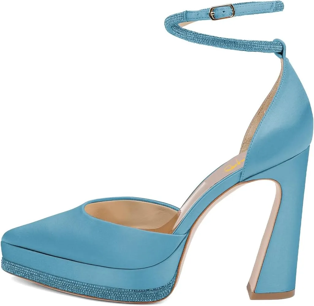 XYD Women's Pointed Toe Platforms Glamorous Crystal Ankle Wrap Strappy Block High Heels D'Orsay Satin Shoes for Evening Party