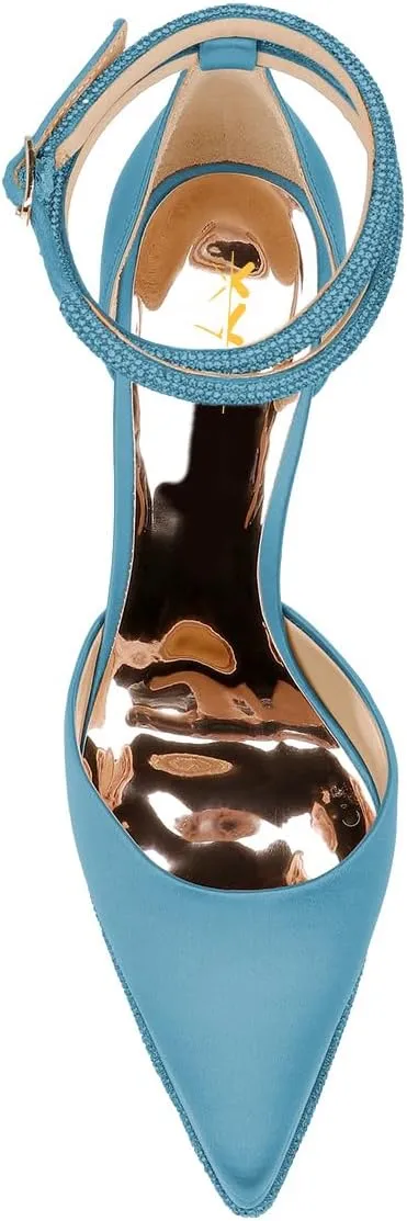 XYD Women's Pointed Toe Platforms Glamorous Crystal Ankle Wrap Strappy Block High Heels D'Orsay Satin Shoes for Evening Party