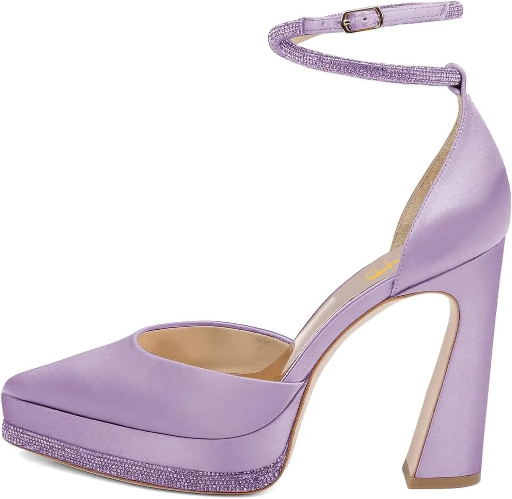 XYD Women's Pointed Toe Platforms Glamorous Crystal Ankle Wrap Strappy Block High Heels D'Orsay Satin Shoes for Evening Party