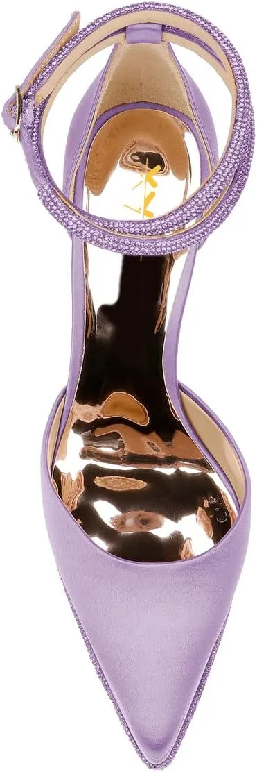 XYD Women's Pointed Toe Platforms Glamorous Crystal Ankle Wrap Strappy Block High Heels D'Orsay Satin Shoes for Evening Party
