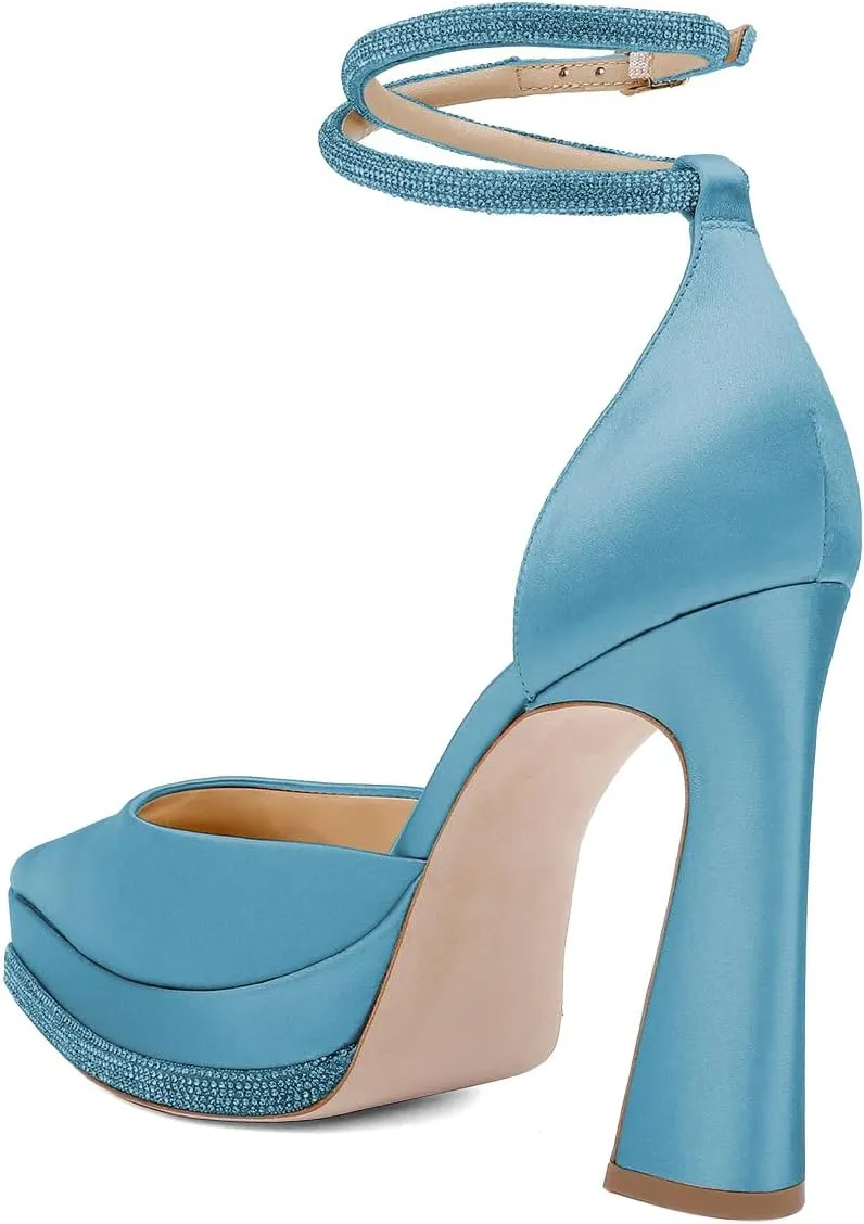 XYD Women's Pointed Toe Platforms Glamorous Crystal Ankle Wrap Strappy Block High Heels D'Orsay Satin Shoes for Evening Party