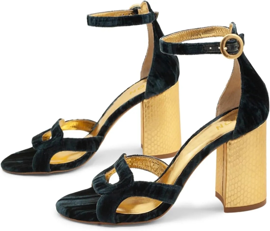 YDN Women's Chunky High Heel Soft Velvet Sandals Open Toe Buckled Strap Pumps Comfy Cocktail Dress Club Shoes Size 4-16 US