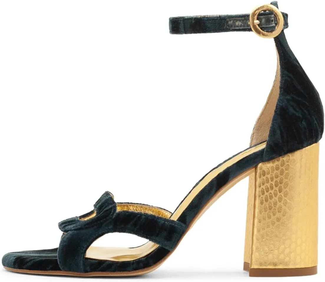 YDN Women's Chunky High Heel Soft Velvet Sandals Open Toe Buckled Strap Pumps Comfy Cocktail Dress Club Shoes Size 4-16 US
