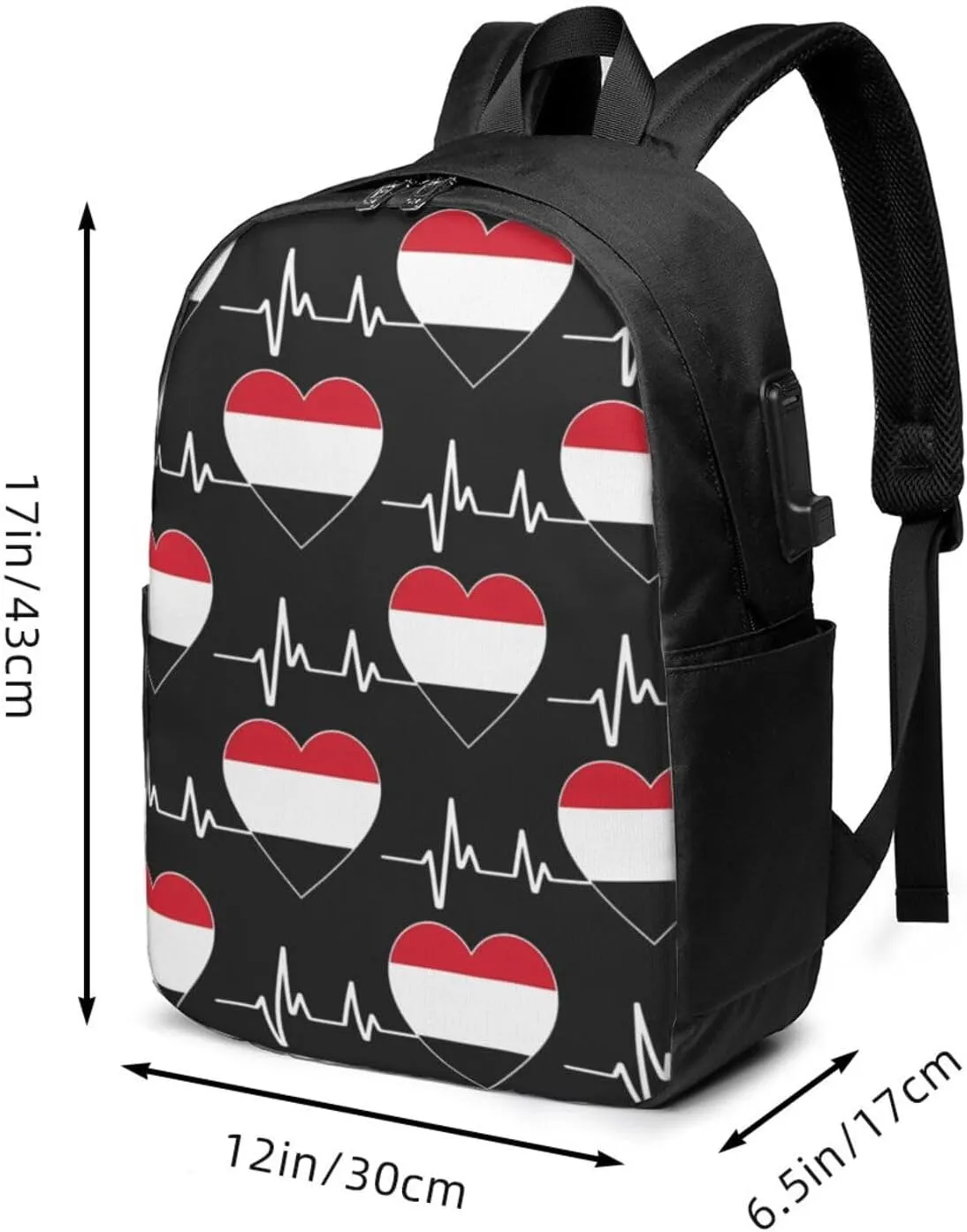 Yemen Yemeni Yemenian Flag Hearts Beats Laptop Backpacks Travel Backpack Casual Business Daypack Sport Rucksack Computer Bag Fits up to 17 Inch Notebook with USB Port