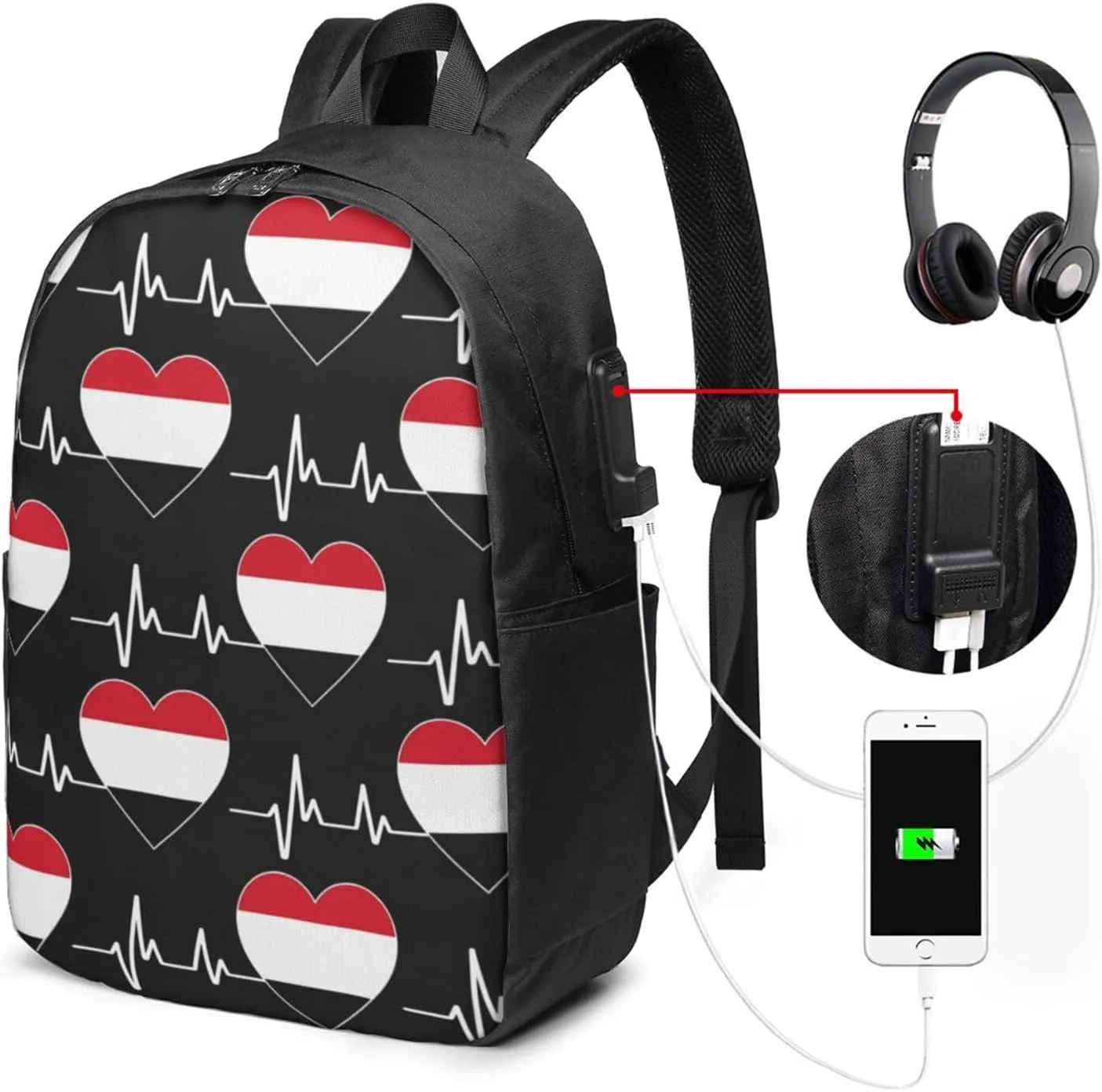 Yemen Yemeni Yemenian Flag Hearts Beats Laptop Backpacks Travel Backpack Casual Business Daypack Sport Rucksack Computer Bag Fits up to 17 Inch Notebook with USB Port
