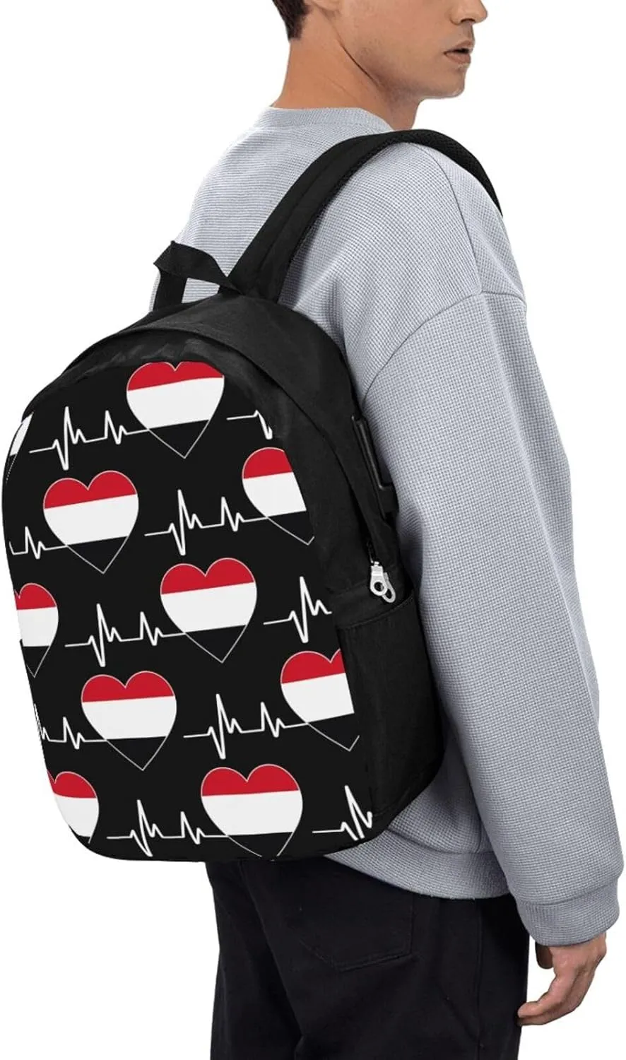 Yemen Yemeni Yemenian Flag Hearts Beats Laptop Backpacks Travel Backpack Casual Business Daypack Sport Rucksack Computer Bag Fits up to 17 Inch Notebook with USB Port