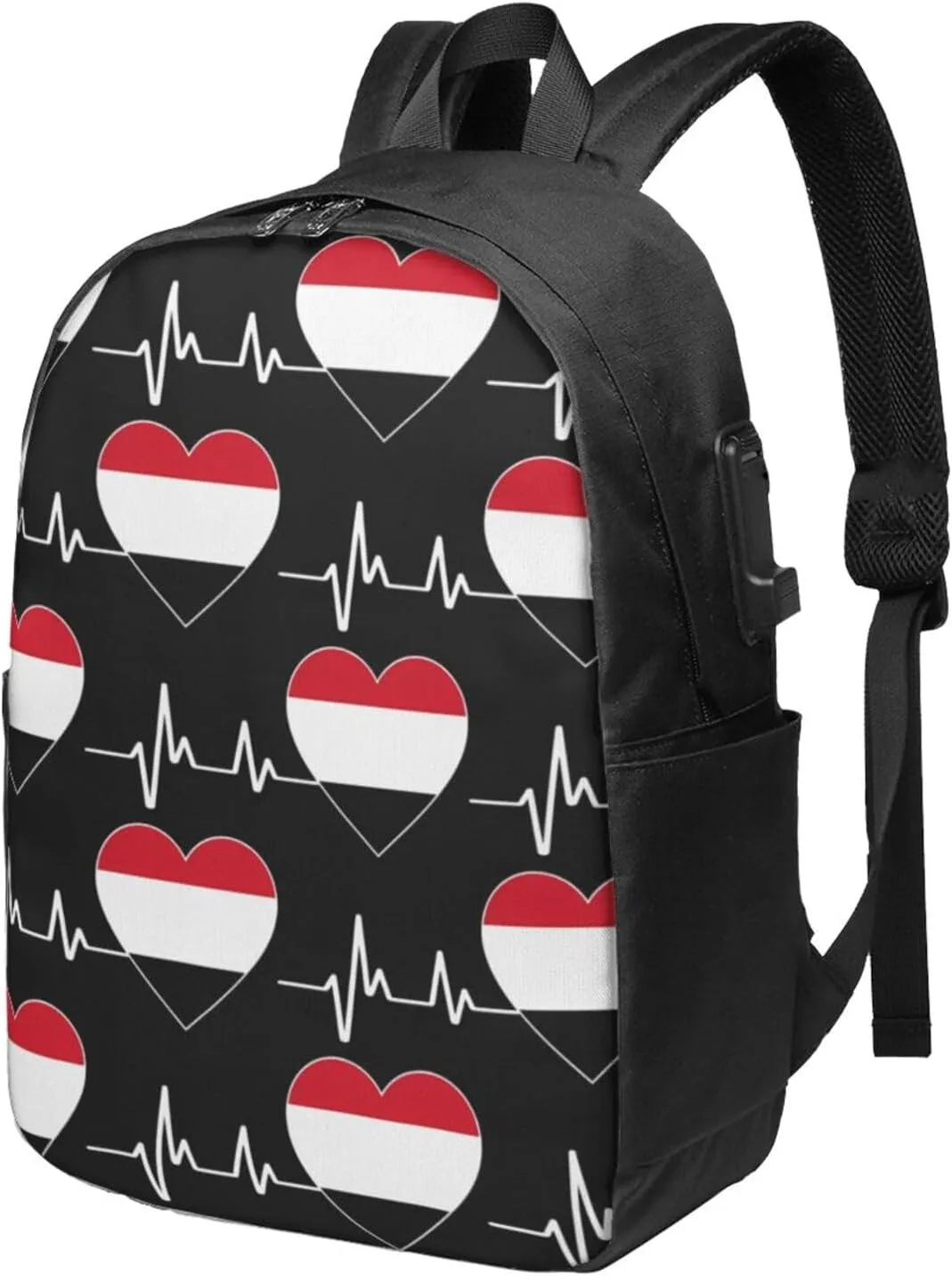 Yemen Yemeni Yemenian Flag Hearts Beats Laptop Backpacks Travel Backpack Casual Business Daypack Sport Rucksack Computer Bag Fits up to 17 Inch Notebook with USB Port