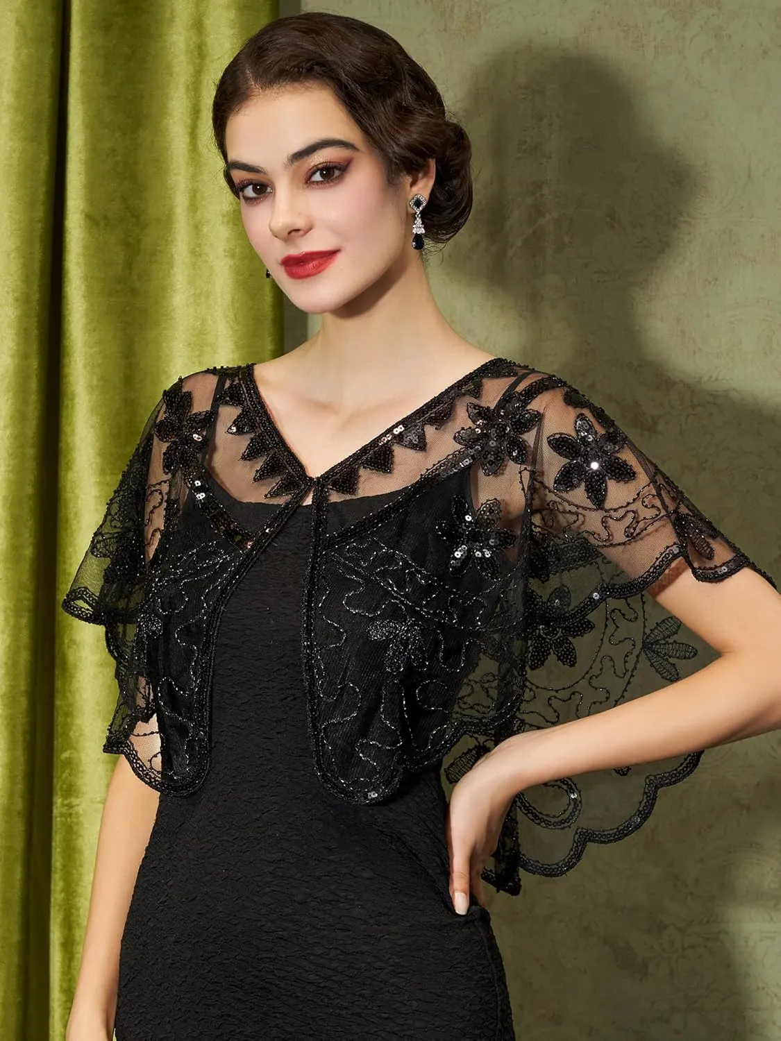 YESSA Women's 1920s Shawl Wraps,Sequin Flapper Evening Shawls for women Gatsby Accessories for Harlem Night