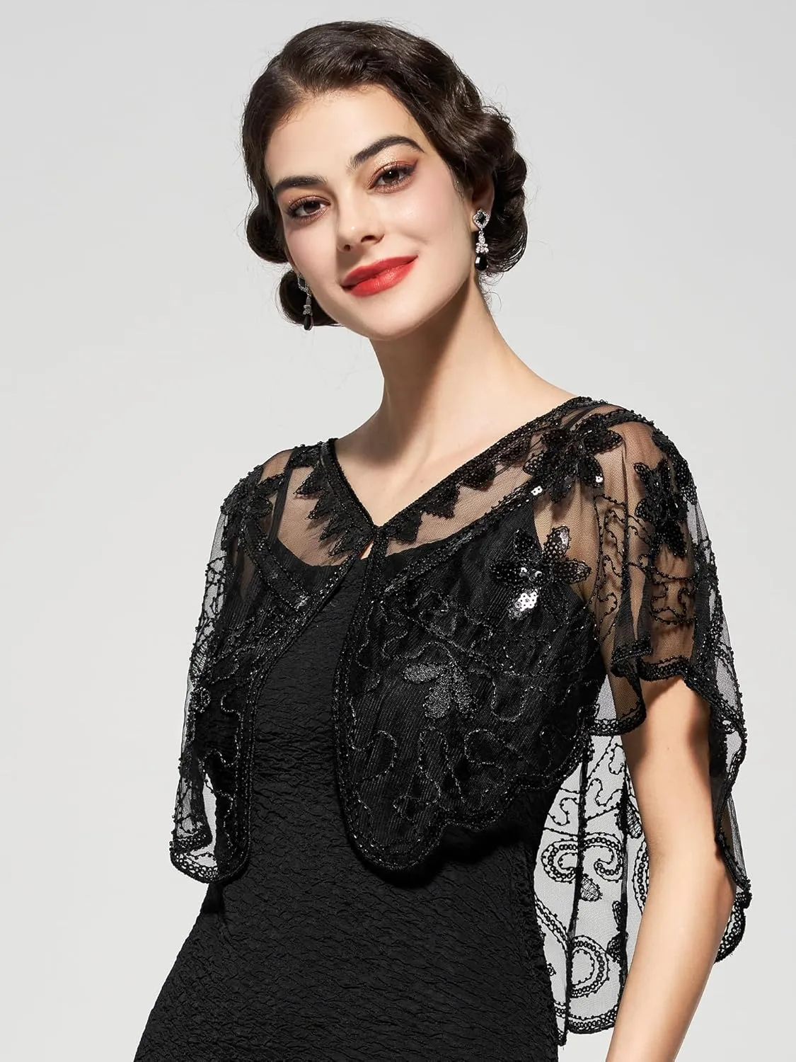 YESSA Women's 1920s Shawl Wraps,Sequin Flapper Evening Shawls for women Gatsby Accessories for Harlem Night
