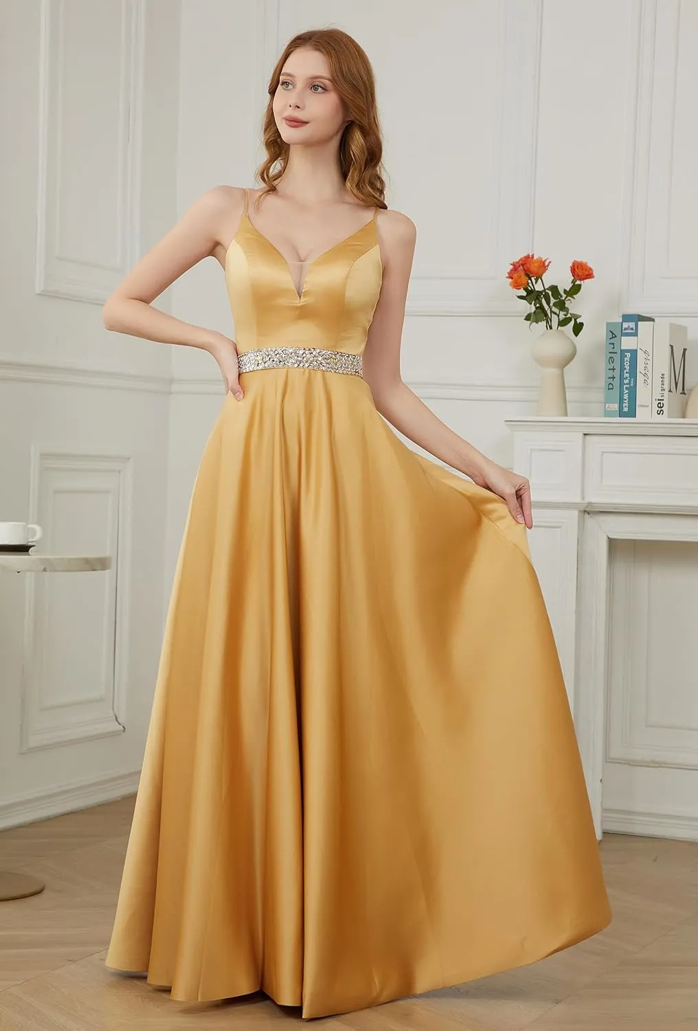 Yexinbridal Satin Prom Dresses Long for Women 2025 Spaghetti Straps Beaded V-Neck Formal Evening Party Gowns