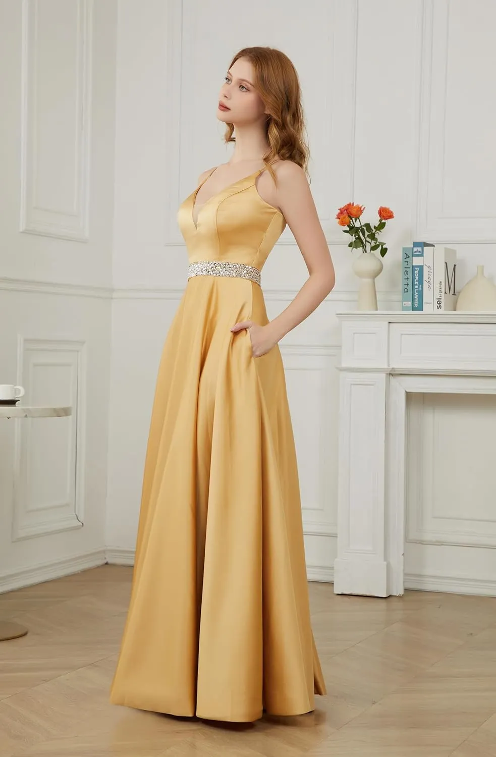 Yexinbridal Satin Prom Dresses Long for Women 2025 Spaghetti Straps Beaded V-Neck Formal Evening Party Gowns