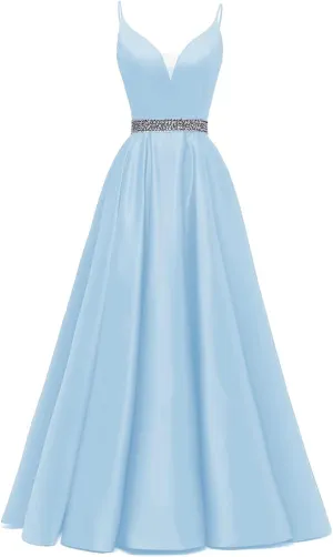 Yexinbridal Satin Prom Dresses Long for Women 2025 Spaghetti Straps Beaded V-Neck Formal Evening Party Gowns