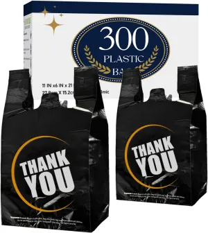 YoYoRain.(300 Count Black Plastic bags, T Shirt bags, Thank You Plastic Bags with handle,retail shopping bag, Carry bag Merchandise Bags and Disposable Supermarket Bag