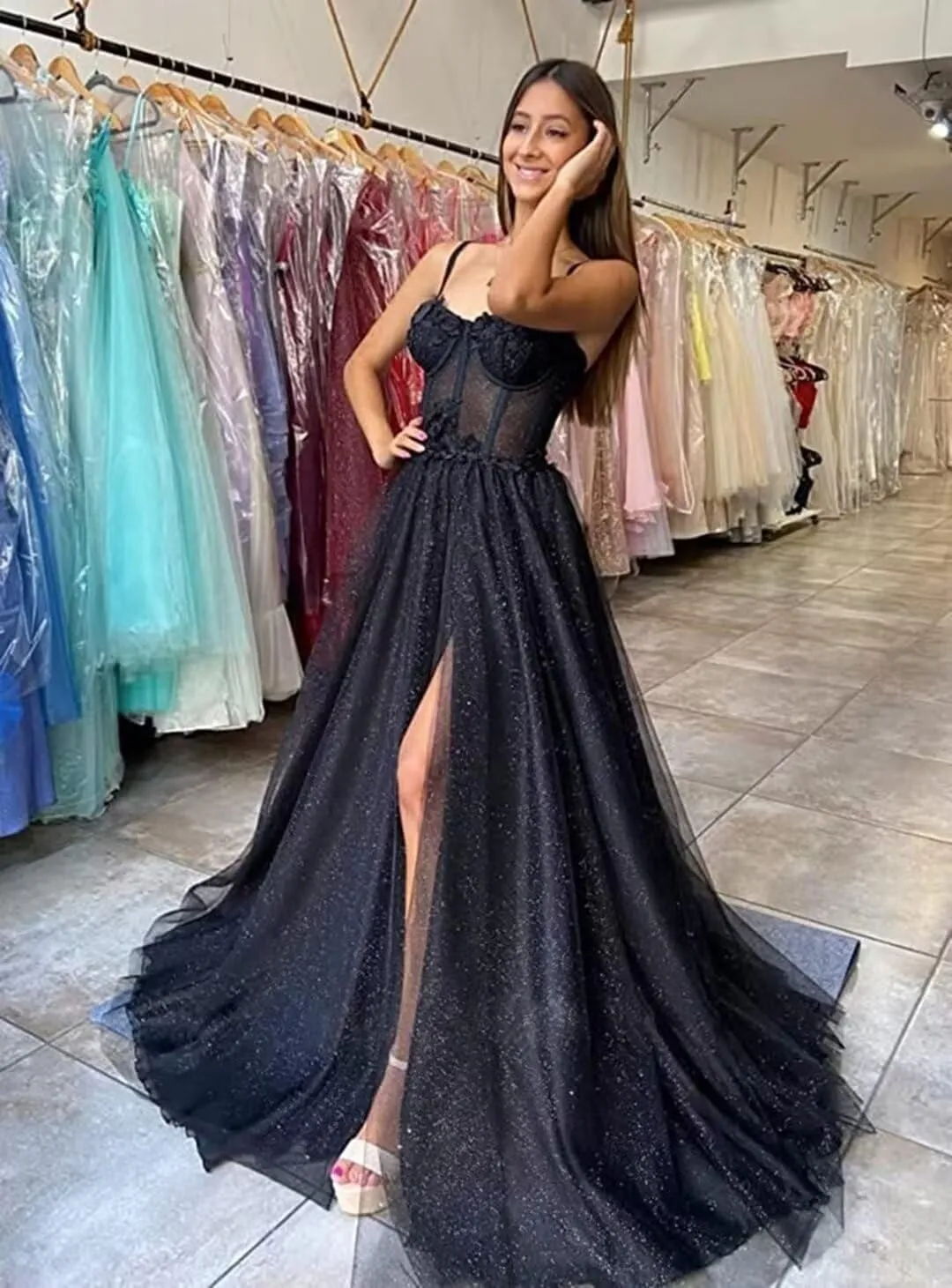 YUAOHUANG Glitter Tulle Prom Dresses Long 2024 3D Lace Flower Appliques Ball Gown Formal Dress for Evening Wedding Slit